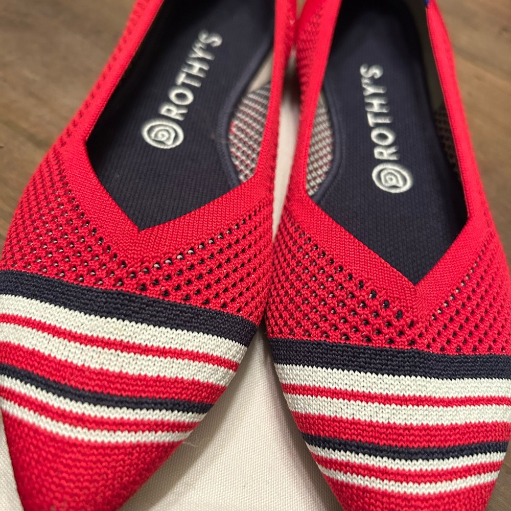 Rothy's Vibrant Red and Navy Striped Flats